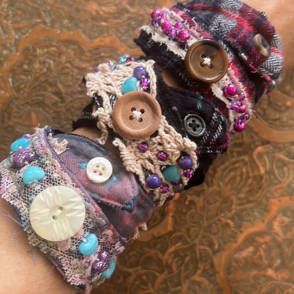 Handmade upcycled lace button & bead stackable flannel fabric wrap bracelets